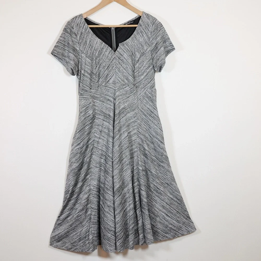 eShakti Gray‎ Fit Flare Midi Dress Medium A Line Notch Neck Work Office Lined